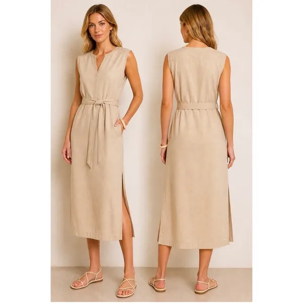 Mon Renn Beige Sleeveless Belted‎ Midi Dress Utility Sand Size XS MRS124004 - Image 9