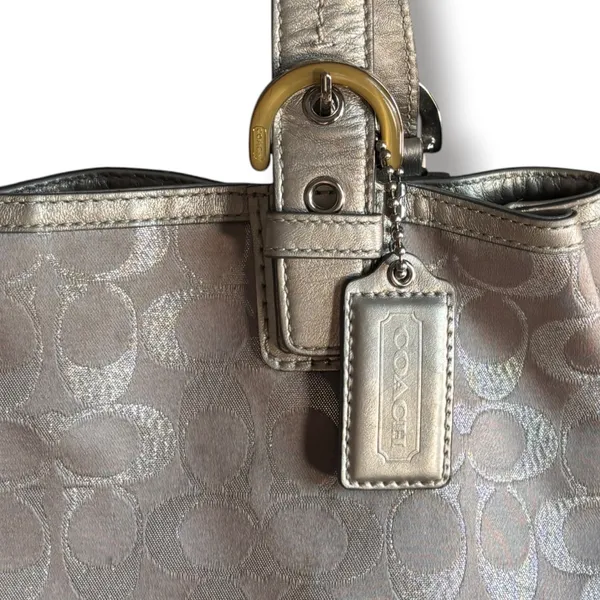 COACH SoHo Signature C Metallic Silver Jacquard Leather Trim Tote Shoulder Bag - Image 2