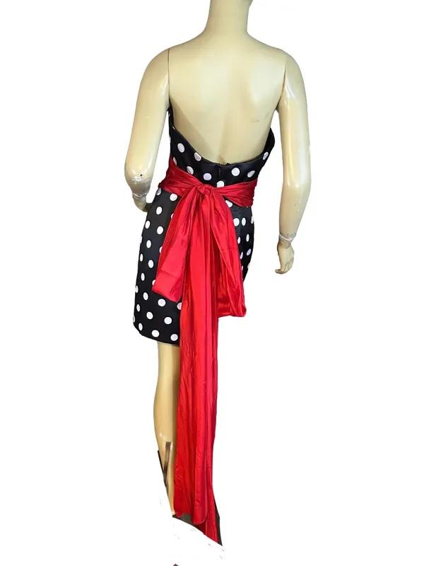 Sherri Hill Black W/White Polka Dots And Over-Sized Red Sash Mini Dress (6) - Image 4