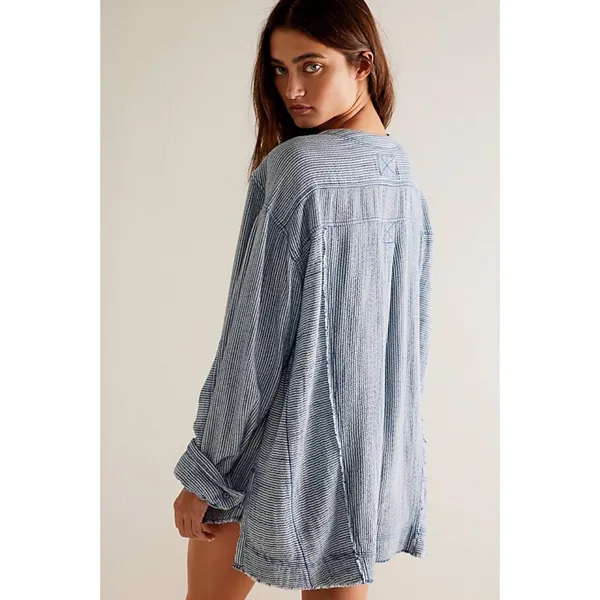 Free People Bohemian By The Shore Tunic Shirt Indigo Stripe Small Coastal - Image 3