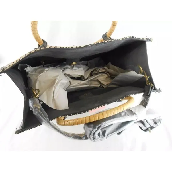 Wet Seal Geometric Woven Tote Bag Straw Black Tan Round Handle - Image 7