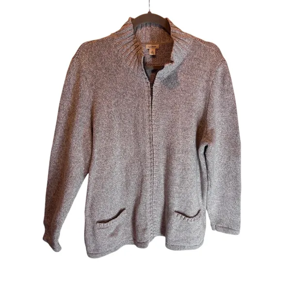 LL Bean Zip Front Cardigan 2X Gray Heathered Cotton Sweater Jacket - Image 2