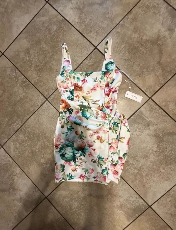 Siena Floral Print Square Neck Sleeveless Tie Waist Mini Dress Size 8 - Image 4