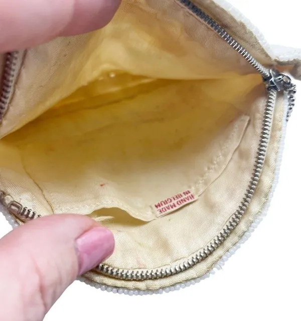 Vintage Hand Beaded Art Deco Clutch Wristlet Half Moon Shell Shape Ivory Bell - Image 8