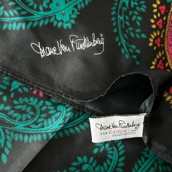 Diane Von Furstenberg 100% Silk Scarf Black Multicolor Paisley Plaid Luxury - Image 6