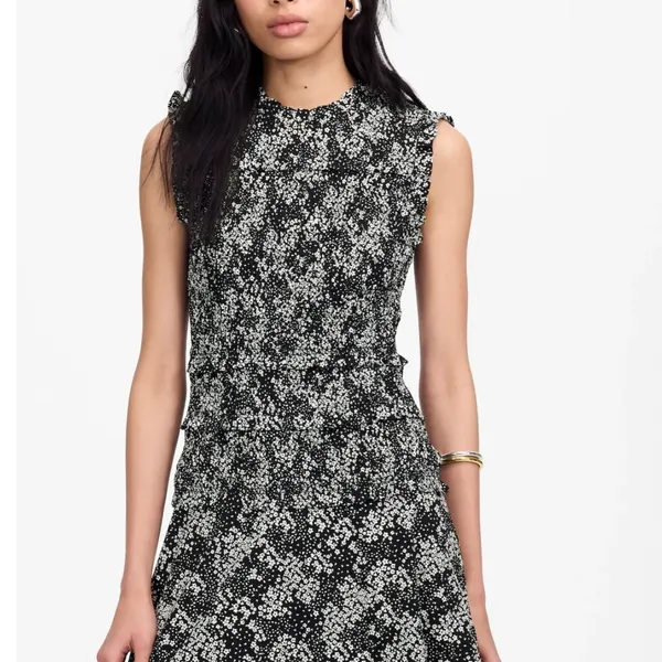 Madewell Women's Black White Floral Sleeveless Ruffle Neck Mini Dress Size 8 NWT - Image 2