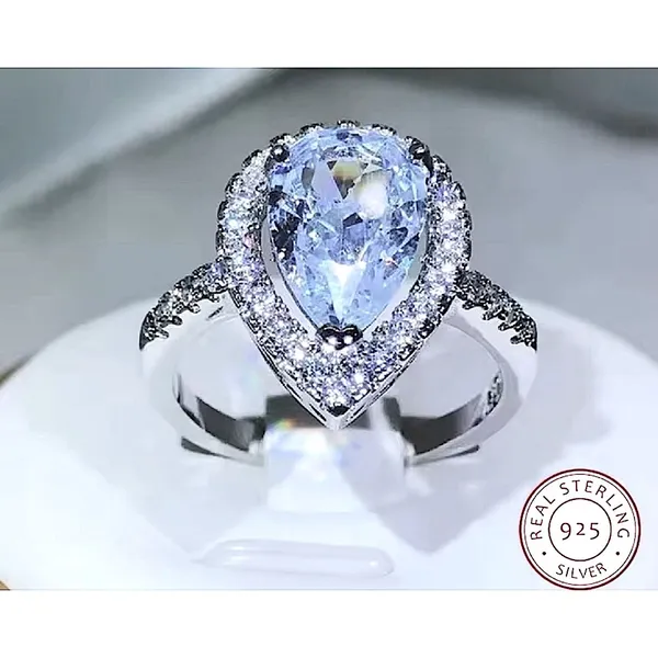 3ct Pear Halo‎ Ring | Rhodium Plated 925 Sterling Silver - Image 3