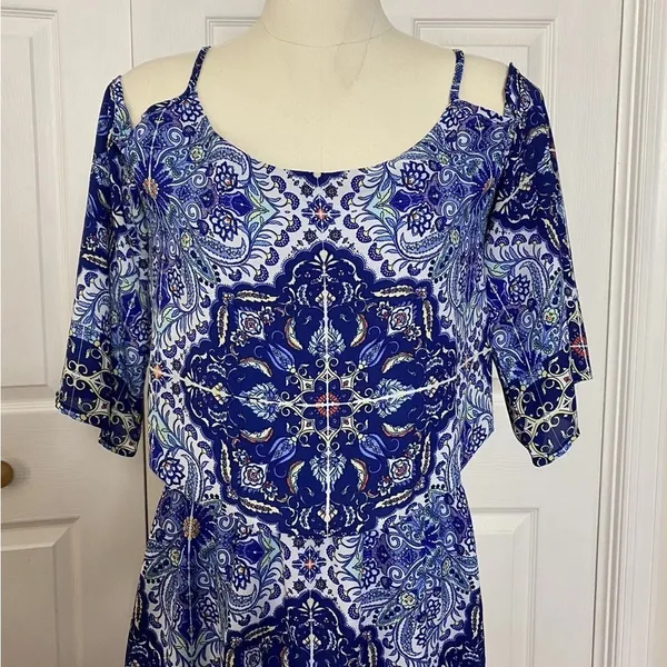 Bisou Bisou Michele Bohbot Blue Print Dress Cold Shoulder Blouson Mini dress - Image 2