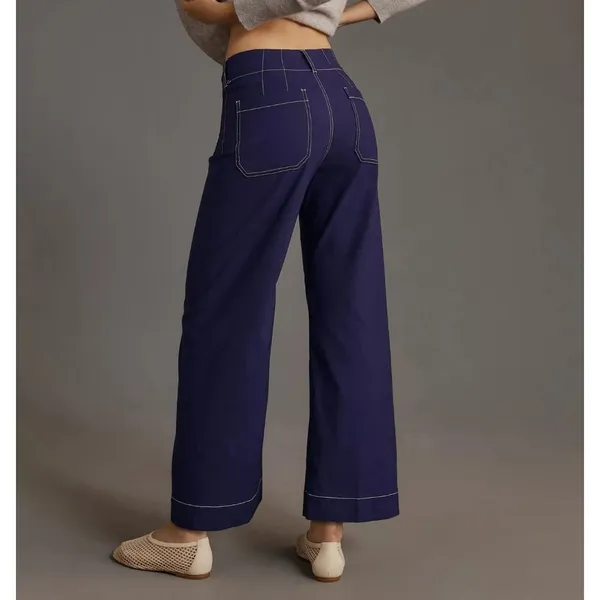 Anthropologie Maeve Colette Contrast Stitch Crop Wide Leg Pants Navy Size 26P - Image 2