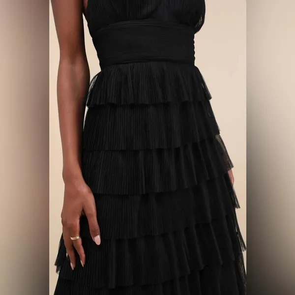 LULU’S Radiant Event Black Mesh Tiered Pleated Backless Maxi Dress - Image 3