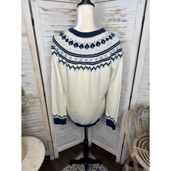 AMOUR VERT Women's XL Whistler Nordic Fair Isle Ribbed Knit Sweater Navy Cream - Image 12