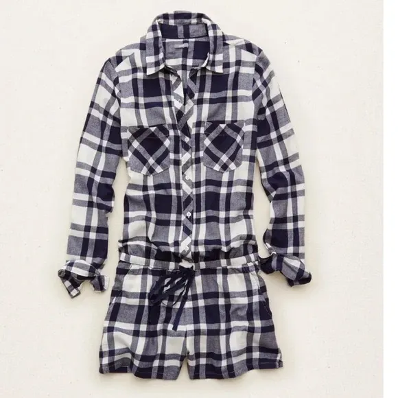 Aerie Women's White Blue Flannel Plaid Long Sleeve Drawstring Romper - Image 2