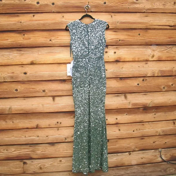 Mac Duggal 5489 Womens Green Cap SLEEVE SEQUINED HIGH SLIT GOWN - Image 9