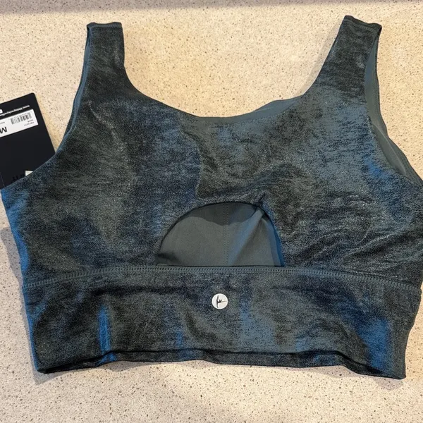 90 Degree By Reflex Emily Bra Crop Top Cut Out Back in Sage with Foil Lux Detail - Image 5