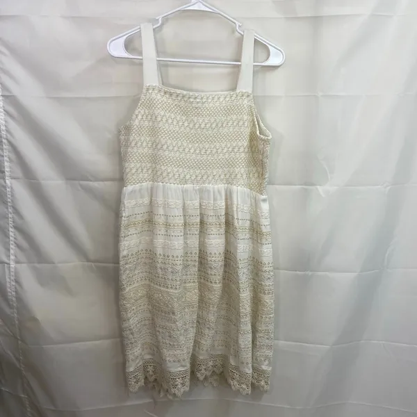 J. Jill women's cream tan embroidered‎ smocked thick strap stretch lace dress XS - Image 7