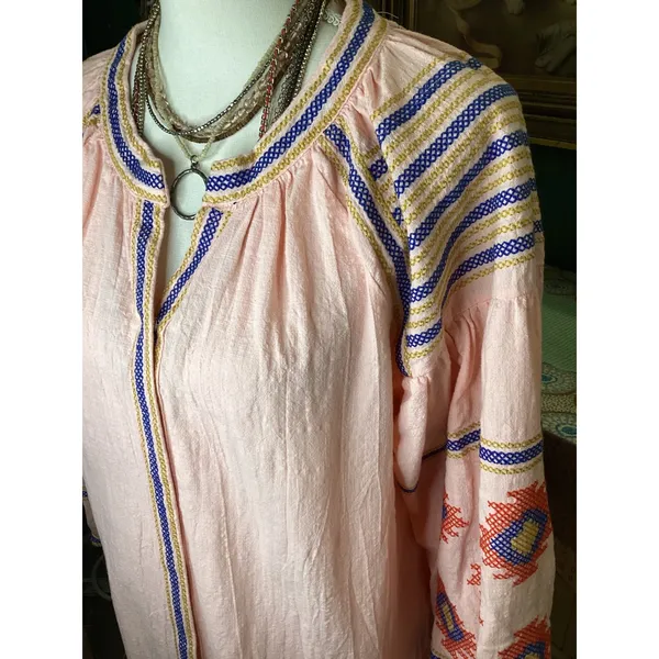 Velzera Peach Pink‎ Cotton Gauze Embroidered Peasant Blouse Top Large L - Image 2