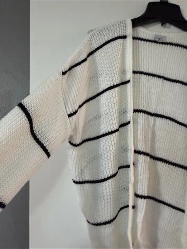 Cozy Casual White Open-Front Cardigan with Black Stripes - Image 3