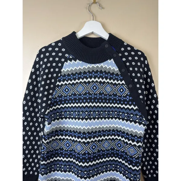 T by Talbots Fair Isle Thermolite Snap Mockneck Sweater Black/Blue Womens M NWOT - Image 3