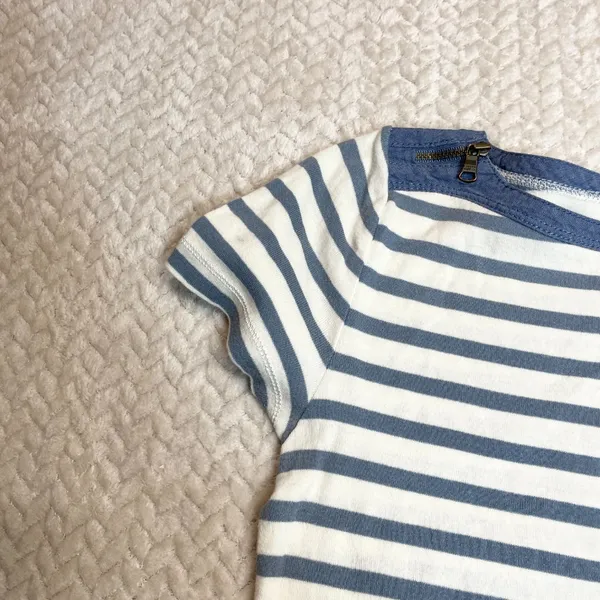 Ralph Lauren Lauren‎ Jeans Co Blue cream striped Knit Top Zip accent Sleeve Shirt women SZ S - Image 2