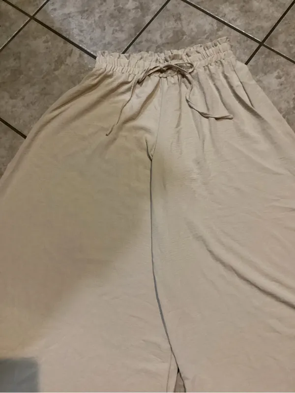 Wide Leg Drawstring Palazzo Pants in Cream Size L - Image 2