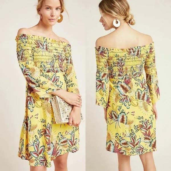 Farm‎ Rio Dress Bria Smocked Mini Floral Off-Shoulder Yellow Multi XS EUC - Image 2