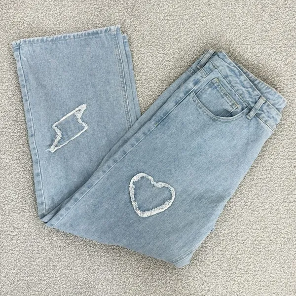 Q&J Jeans Patchwork Hearts Wide Leg High Rise‎ Jeans Large Boho Streetwear - Image 12