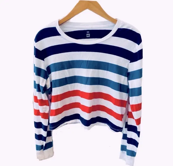 PacSun Retro Stripe Crop Top Long Sleeve White M 70s Blue Green Rust - Image 2