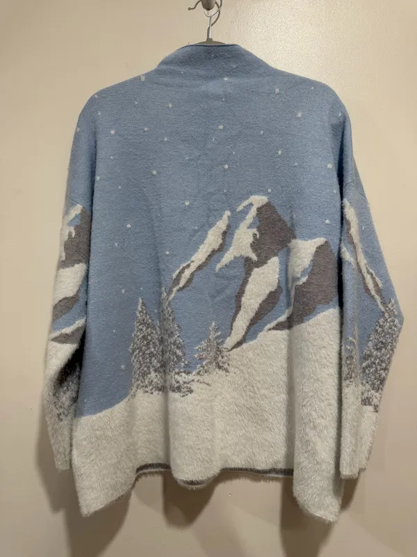Rachel Zoe Blue White Mountain Snowy Winter Fuzzy Sweater Size 2x - Image 6