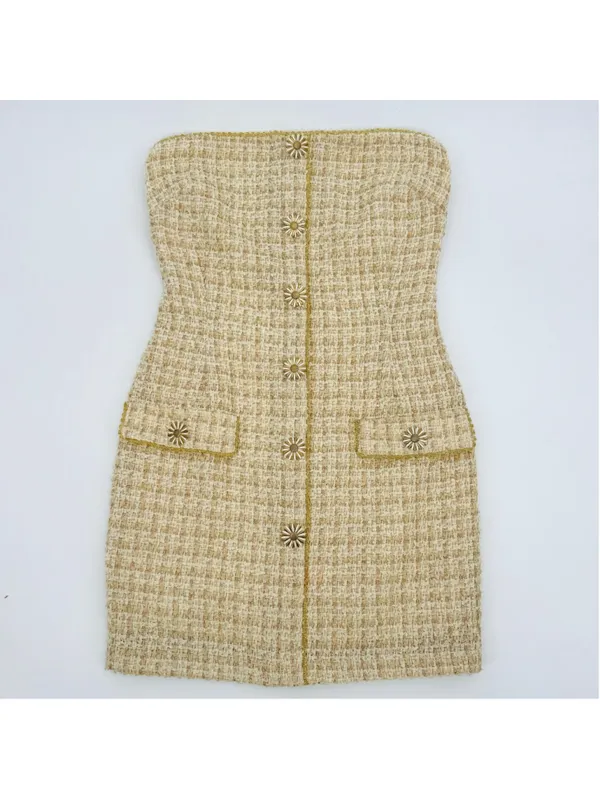 Anthropologie Eva Franco Strapless Tweed Dress Size 2 Beige Gold - Image 3