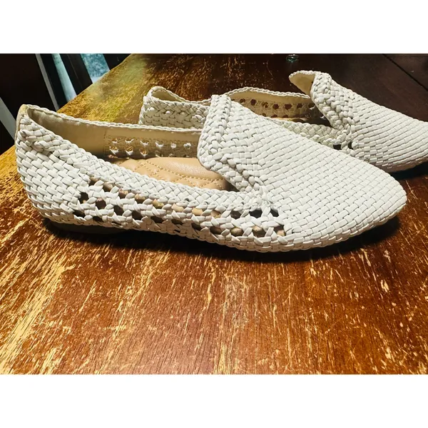 BIRDIES The Starling White Woven Leather Slip On Loafers Flats size 6 - Image 4