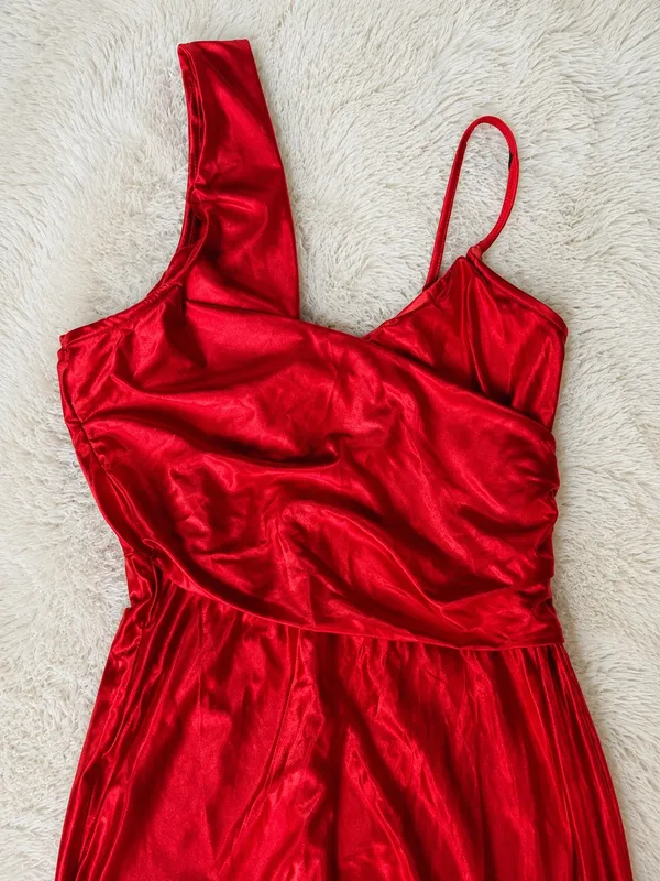 Women’s Red Satin One-Shoulder Slit Maxi Dress - Image 2
