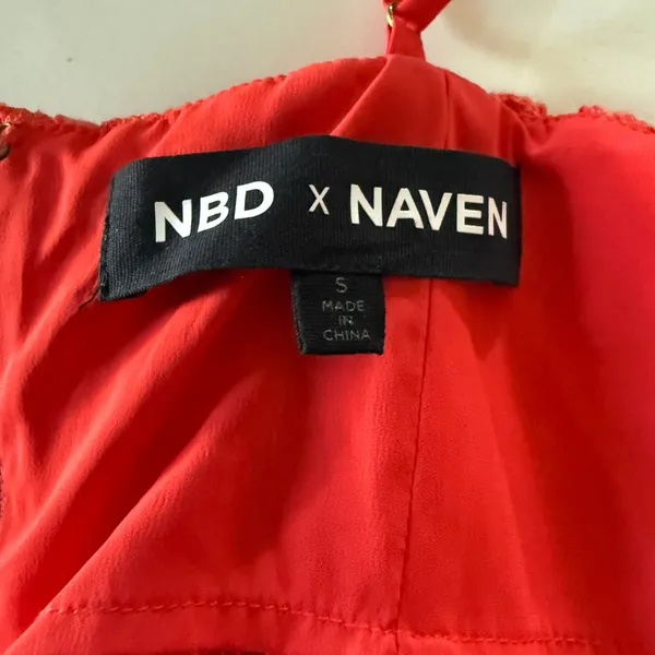 NBD x NAVEN | Allie Red Orange Lace Cocktail Dress Off Shoulder Sheer | Small - Image 7