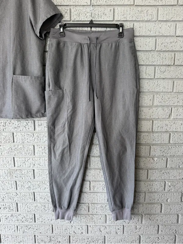Mandala Scrub Set Charcoal Grey V Neck Top High Waisted Joggers Size Medium - Image 7
