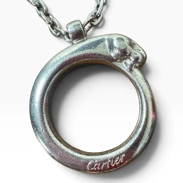 Cartier Silver Metal Panther Circle Keychain Bag Charm Engraved Pendant - Image 3