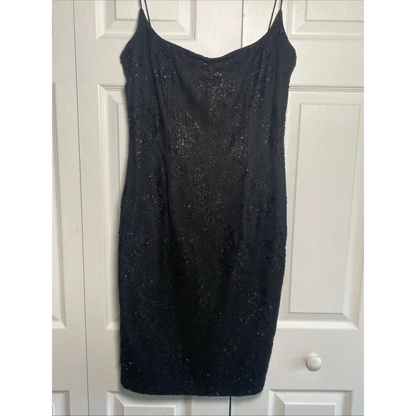 Carmen Marc Valvo Beaded Lace Cocktail Dress Womens Size 10 Black Vintage Y2K - Image 2