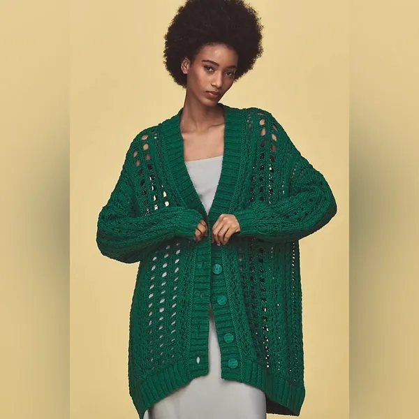 Maeve Anthropologie Teal Open Stitch Oversized Long Cardigan Sweater Small - Image 3