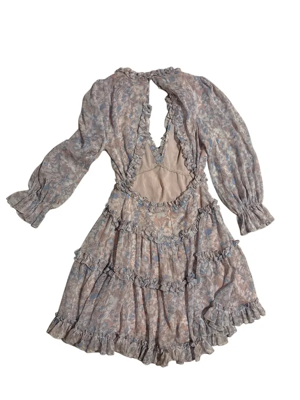 Aura Floral Tiered Long-Sleeve Mini Dress in Dusty Blue and Mauve - Image 2