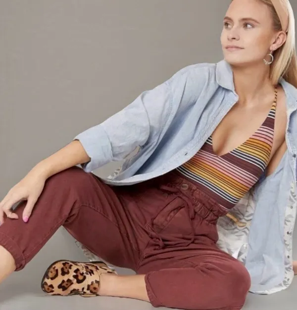 Free People NWOT Margate Pleated Paperbag Waist Burgundy Drawstring Pants, XS - Image 3