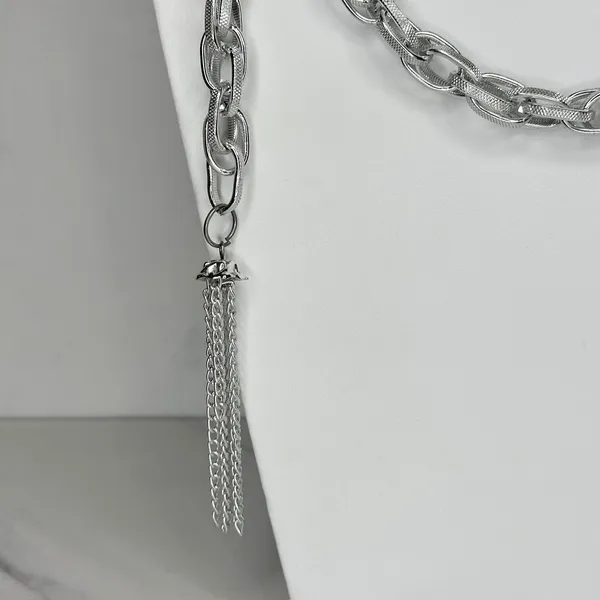Textured Chain Link Tassel Open Wrap Necklace Silver Tone ✨ - Image 3
