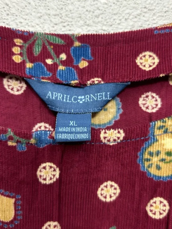 Vintage April Cornell Corduroy Midi Dress XL Burgundy Heart Print Cottagecore - Image 7
