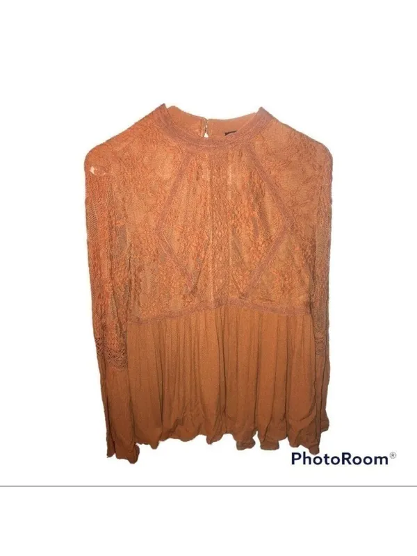 American Eagle Blush Pink Lace Peplum Bell Sleeve Long Sleeve Top Blouse - Image 2
