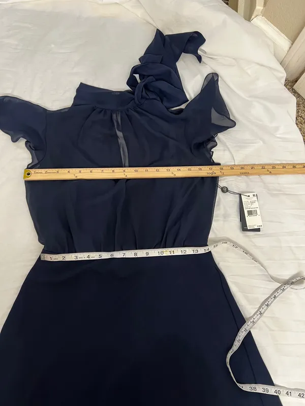 NWT Adrianna Papell Navy Blue Chiffon And Crepe Mock Neck Bow Dress Size 6 - Image 6
