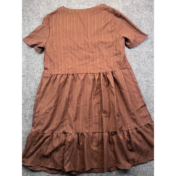 Brown V-Neck Babydoll Tiered‎ Short Sleeve Mini Dress Boho Relaxed Fit Large - Image 8