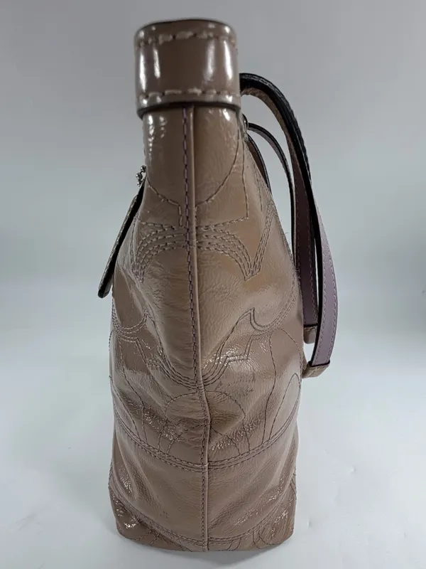 Coach Taupe Patent Leather Signature C Embossed‎ Tote Zip Shoulder Bag F15142 - Image 3