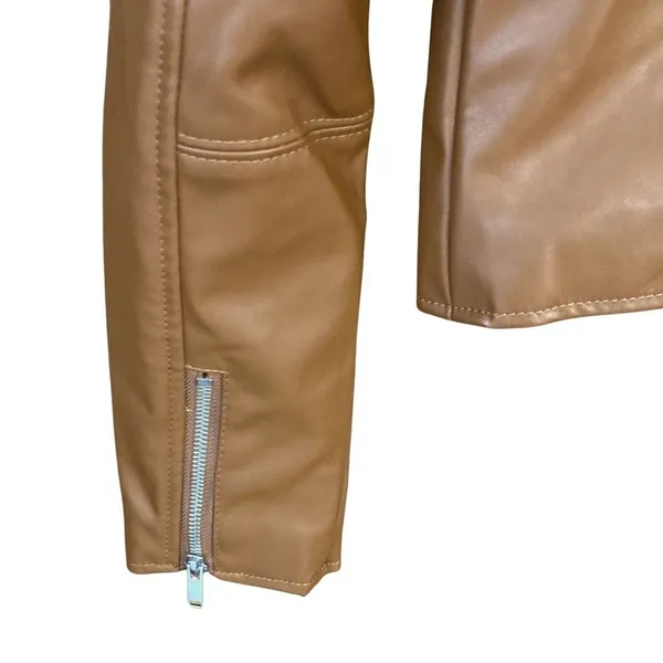 Nine West Womens Faux Leather Moto Jacket Cognac Brown Asymmetrical Zip Small - Image 4