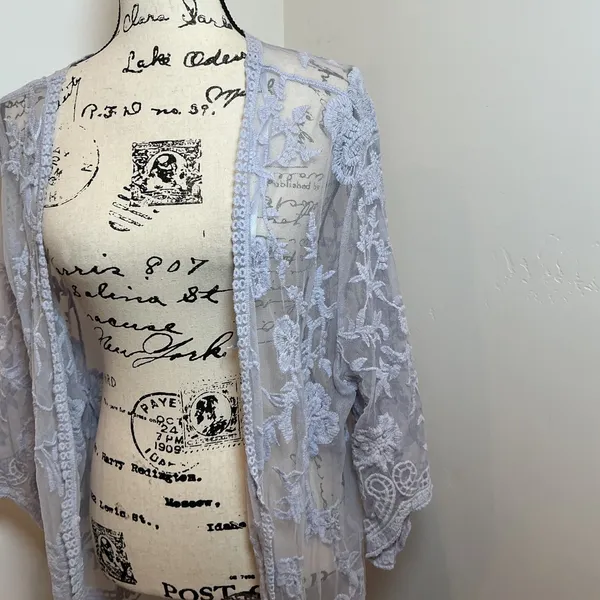 Romantic Cottagecore Mesh Lace Open Front Duster‎ Cardigan Gray - Image 2