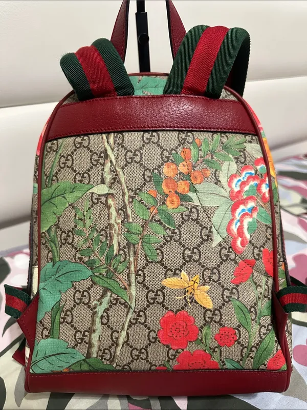 Gucci GG Canvas Backpack with Red Trim and Multicolor Floral Print - Image 4