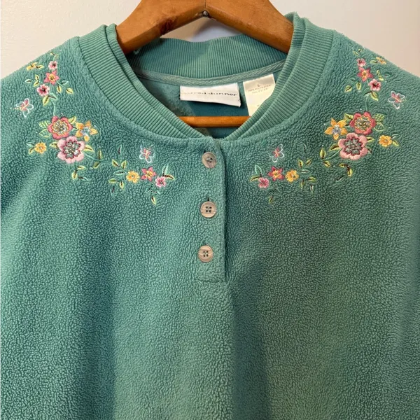 Vintage Alfred Dunner Floral‎ Sage Green Fleece Cozy Sweater Women’s Sz L - Image 2