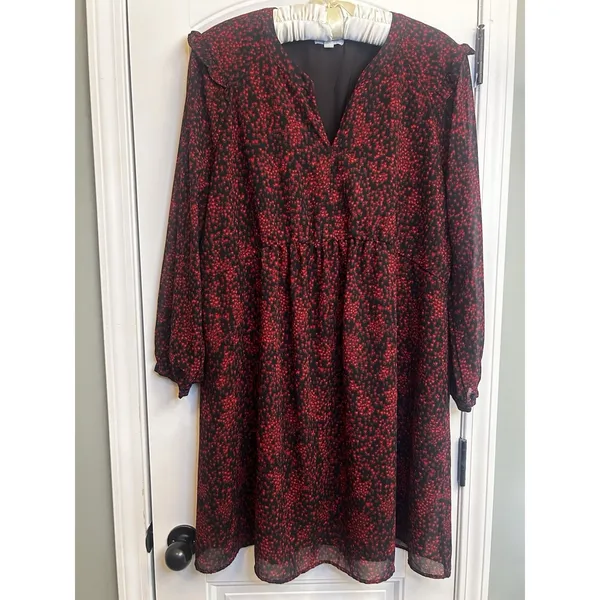 BeachLunchLounge XL Red Black Print Ruffle Long Sleeve Lined Chiffon Shift Dress - Image 12