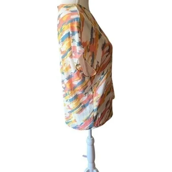 Gilli Womens Blouse Peach Blue Watercolor Abstract Print Dolman Sleeve Layering - Image 7